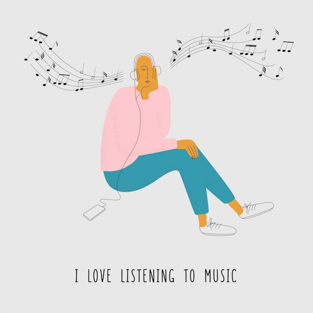 Chico de gráficos vectoriales escucha música el disfrute de la música