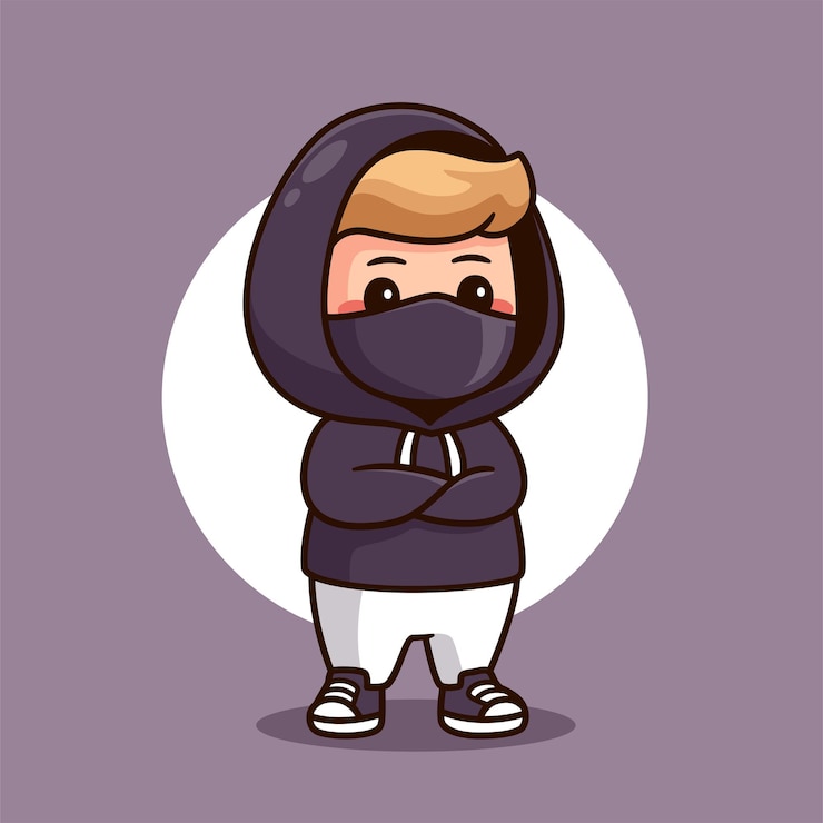 Vector chico guapo y guapo con chaqueta negra y máscara negra personaje de dibujos animados de mascota
