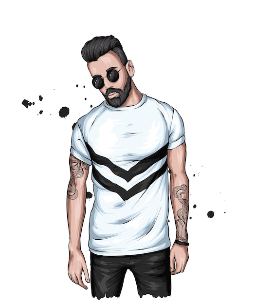 Vector chico guapo hipster en ropa elegante y con un peinado y barba de moda