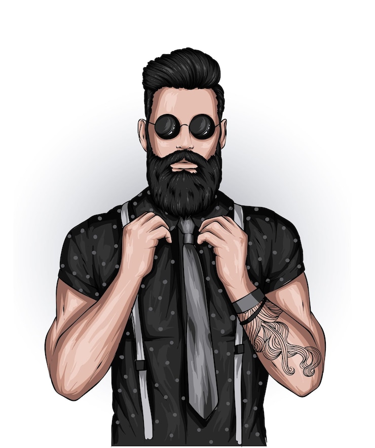 Vector chico guapo con peinado elegante, barba y tatuaje