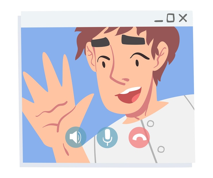Vector chico haciendo una llamada de video chico agitando la mano desde la pantalla de la computadora gente chateando en línea trabajando desde casa distancia social concepto ilustración vectorial