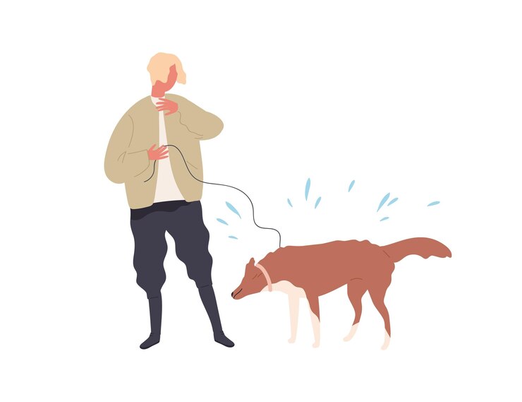 Vector chico hipster escondiéndose de gotas de perros sacudiendo la ilustración plana vectorial de lana mojada. propietario masculino y perro caminando al aire libre en tiempo lluvioso aislado en blanco. hombre y mascota en otoño o primavera.
