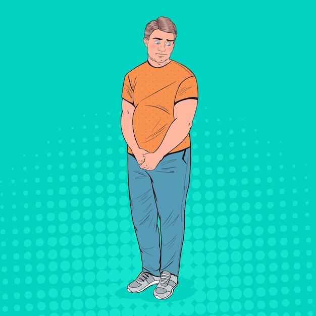 Chico joven avergonzado con sobrepeso. Alimentación no saludable