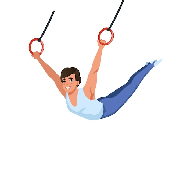Chico joven entrenando en aparatos de anillos Gimnasia artística Deporte individual Deportista de dibujos animados en traje de gimnasta Diseño de vector plano