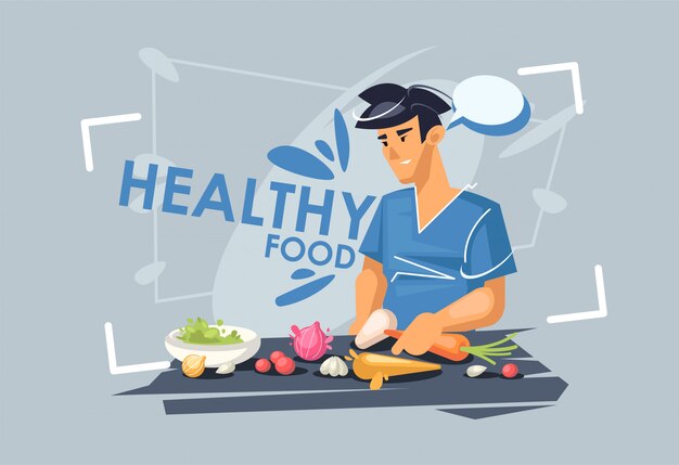 Un chico joven está preparando el almuerzo. Dieta saludable. Comida vegetariana saludable.