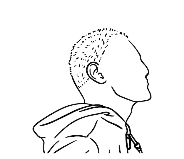 Un chico joven con el pelo corto en una chaqueta dibuja dibujos animados lineales para colorear