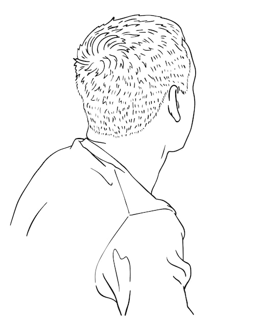 Chico joven con el pelo corto en un suéter vista trasera doodle dibujos animados lineales