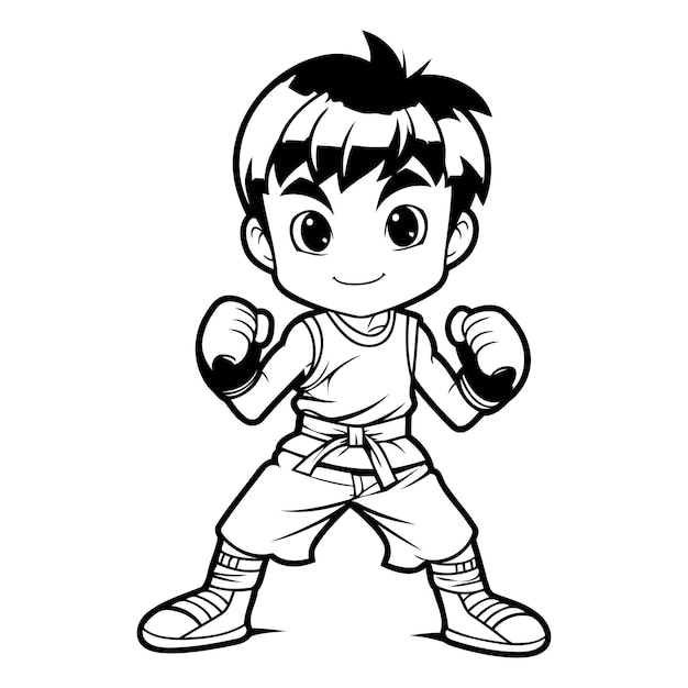 Chico de kung fu Vector de ilustraciones de dibujos animados en blanco y negro