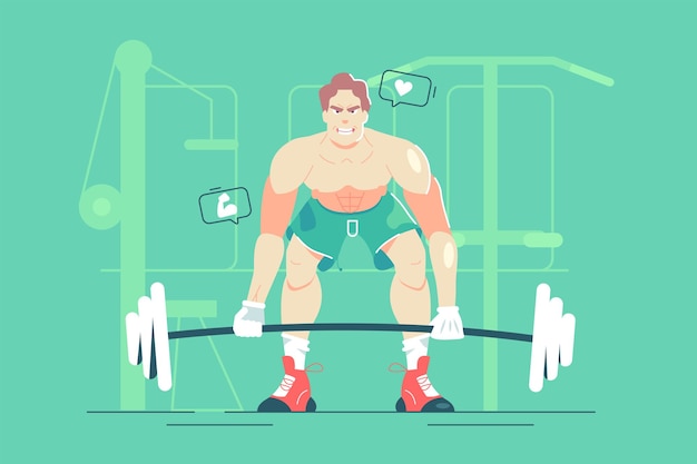 chico levanta barra pesada en la ilustración de gimnasio.