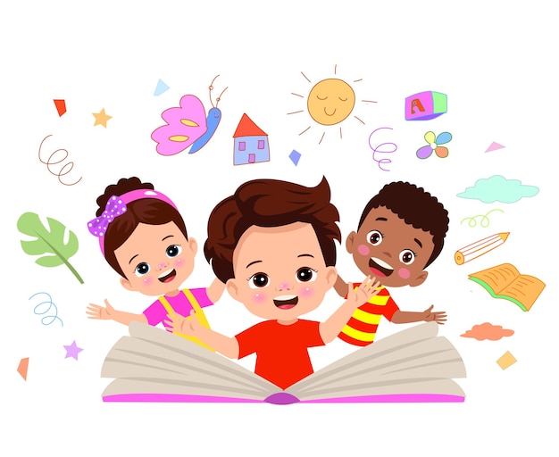 Vector chico de libro abierto y niños lindos