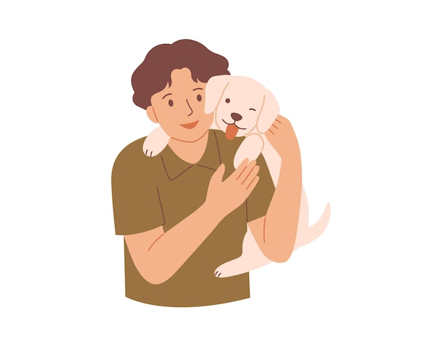 Chico lindo abraza felizmente a su perro ilustración vectorial plana Vector gratuito