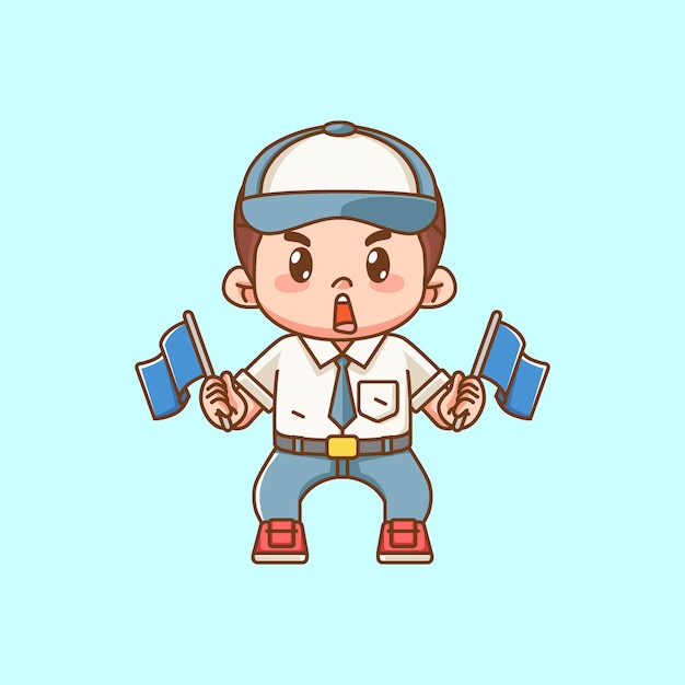 Chico lindo animador de la escuela secundaria de Indonesia sostiene dos banderas ilustración de personaje kawaii chibi