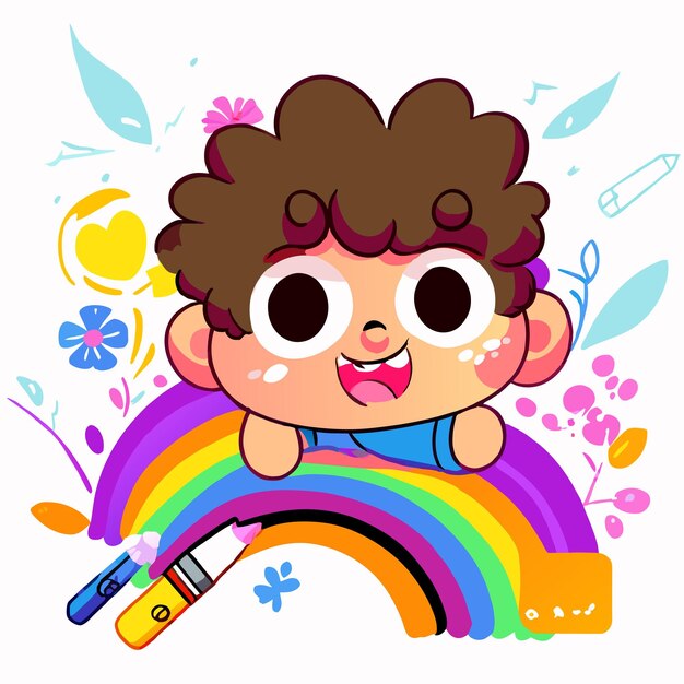 Vector chico lindo arco iris divirtiéndose dibujado a mano plano elegante mascota adhesivo de dibujo de personajes de dibujos animados