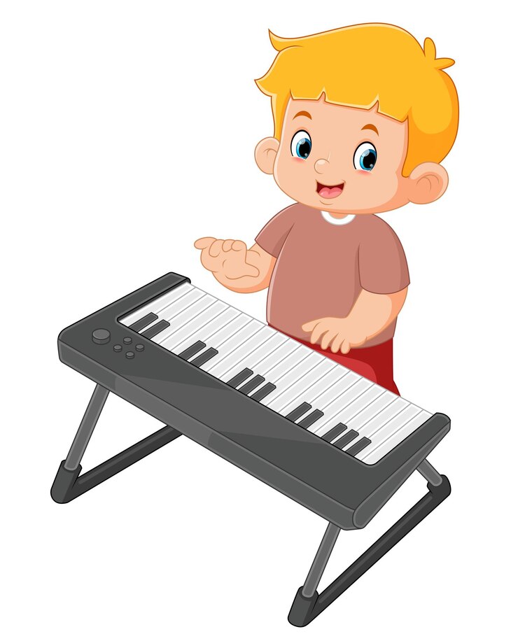 Vector un chico lindo baila y se divierte tocando el piano digital.