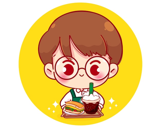 Chico lindo Barista en delantal sosteniendo sándwich y café ilustración de personaje de dibujos animados