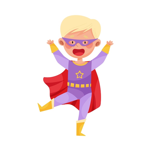 Chico lindo con cabello rubio con disfraz de superhéroe y agitando la mano ilustración vectorial