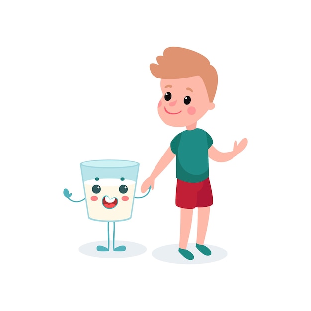 Un chico lindo y una caja de cartón humanizada de leche tomándose de la mano, alimentos saludables para ilustraciones de vectores de dibujos animados para niños aislados en un fondo blanco