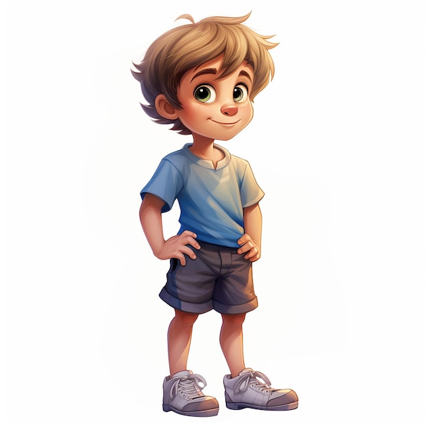 Chico lindo con una camisa azul y un personaje de dibujos animados de ojos azules