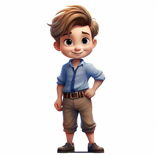 Chico lindo con una camisa azul y un personaje de dibujos animados de ojos azules