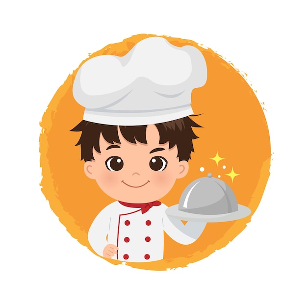 Chico lindo chef sosteniendo un logo de plato de plato. Hombre de mirada confiada sonrisa. Diseño plano.