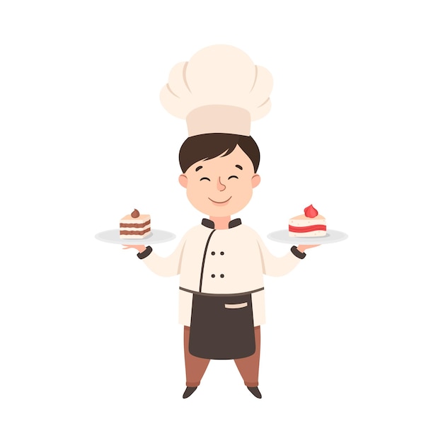 Chico lindo cocinero cocinero sosteniendo plato con postres dulces niño en uniforme de cocinero cocinando en la cocina Ilustración vectorial de estilo dibujos animados