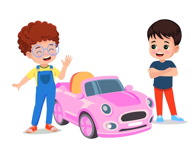 Chico lindo conduciendo una ilustración de dibujos animados de vector de coche eléctrico de juguete aislado sobre fondo blanco