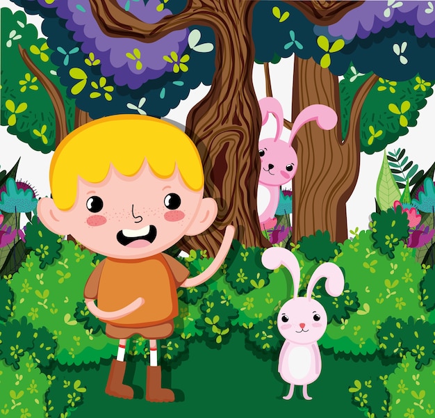 Chico lindo con conejito en el bosque de dibujos animados