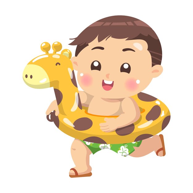 El chico lindo corriendo con el anillo de natación de la jirafa