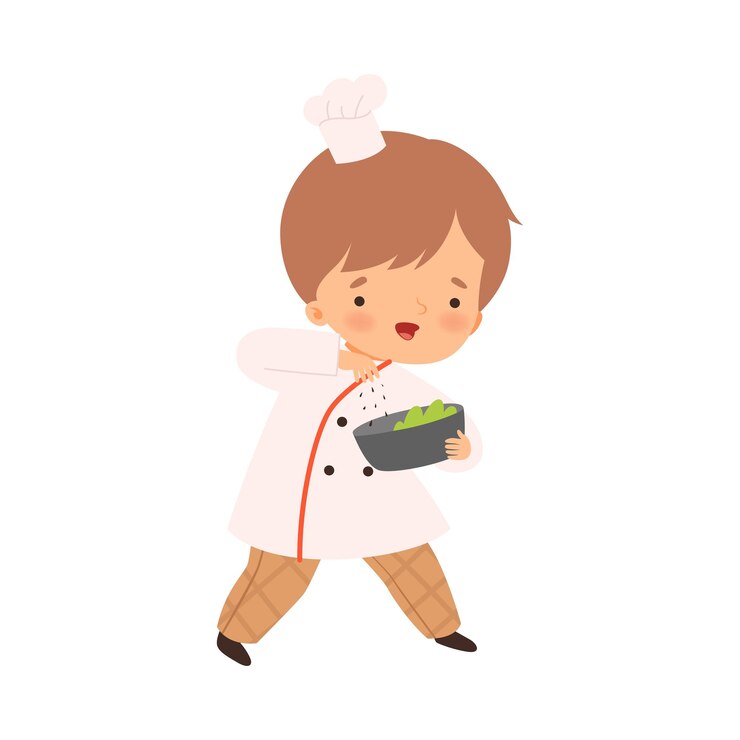 Vector chico lindo con cuenco pequeño personaje de chef lindo en uniforme cocinando en la cocina ilustración vectorial al estilo de dibujos animados