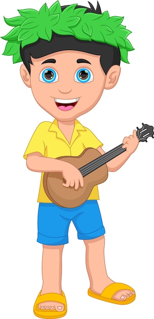 Vector chico lindo de dibujos animados tocando el ukelele