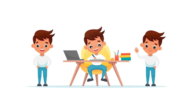 Chico lindo con diferentes gestos y poses aislado. Niño estudia en la mesa en casa. Ilustración de dibujos animados