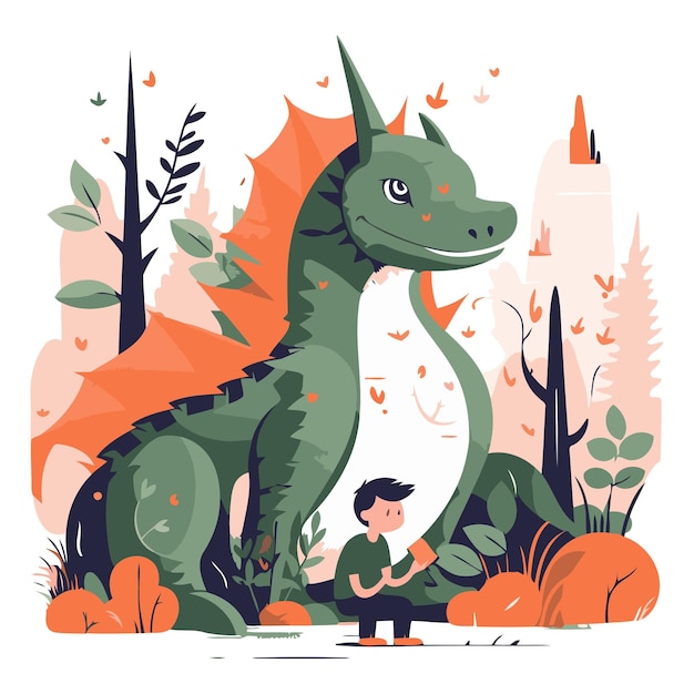 Un chico lindo con un dinosaurio en estilo de dibujos animados