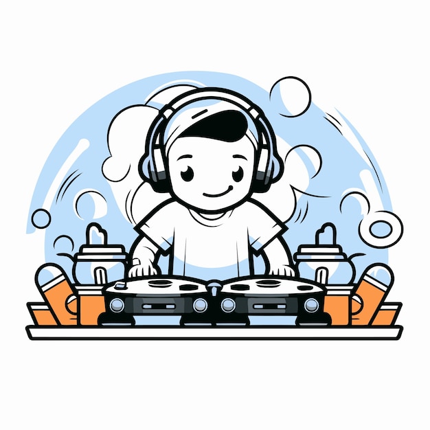 Un chico lindo DJ tocando música en un tocadiscos Ilustración vectorial