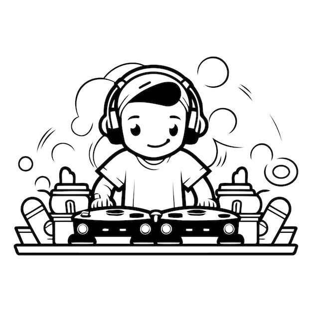 Vector un chico lindo dj tocando música en un tocadiscos ilustración vectorial