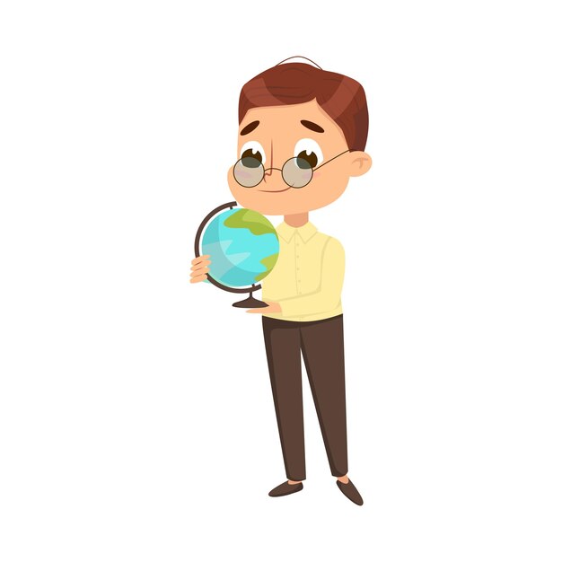 Vector chico lindo e inteligente con gafas y globo en las manos chico en la lección de geografía educación y conocimiento concepto ilustración vectorial de estilo de dibujos animados