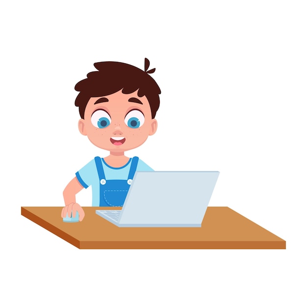 Chico lindo estudiando con una ilustración de vector de computadora portátil