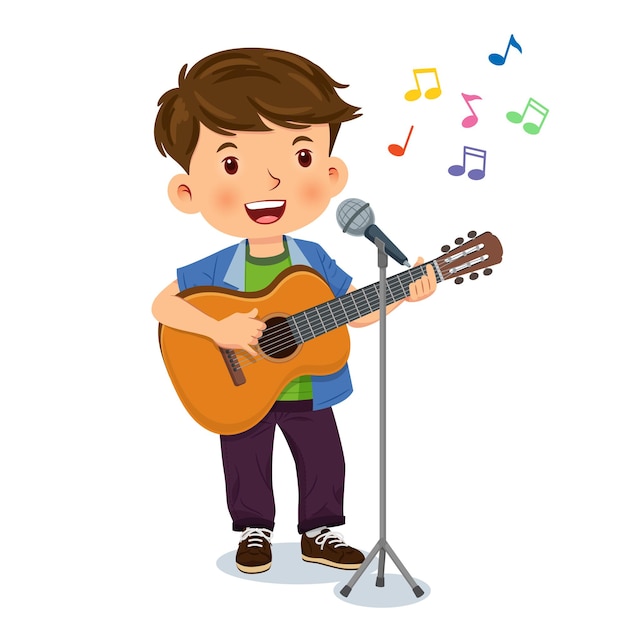 Chico lindo feliz está tocando la guitarra y cantando en un micrófono