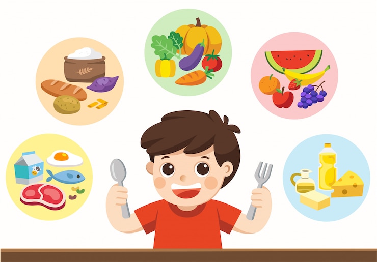 Vector un chico lindo con el grupo de cinco alimentos. ¡vamos por algo de comer!
