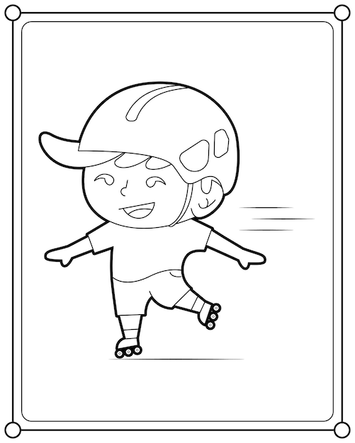 Chico lindo jugando patines adecuados para la ilustración de vector de página para colorear de los niños