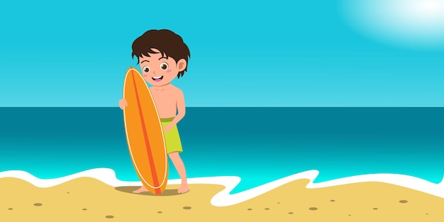 Chico lindo jugando tabla de surf durante las vacaciones de verano