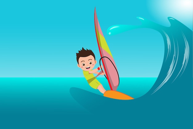 Chico lindo jugando windsurf durante las vacaciones de verano