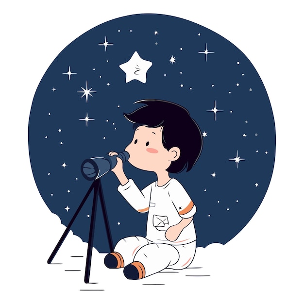 Un chico lindo mirando a través del telescopio en una noche estrellada