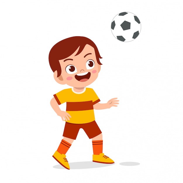 Vector chico lindo niño juega fútbol como ilustración de delantero