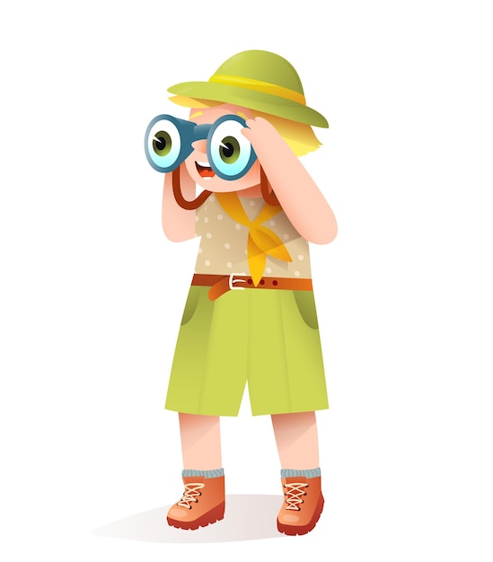 Chico lindo niño vestido con ropa de safari en la jungla mirando en binocular sorprendido y sonriente.