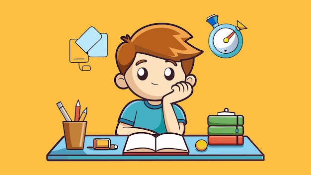 Chico lindo pensando en su tarea Vector Cartoon