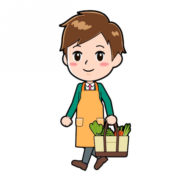 Chico lindo personaje de dibujos animados, cocinero de compras