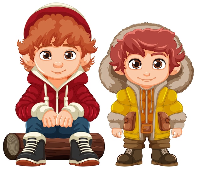 Chico lindo personaje de dibujos animados en traje de invierno