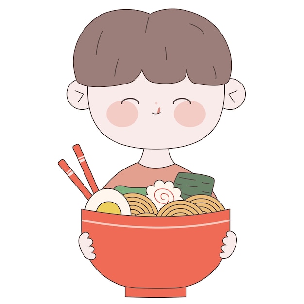 Chico lindo con un plato de ramen Ilustración de comida japonesa Kawaii. Comida asiática de fideos japoneses