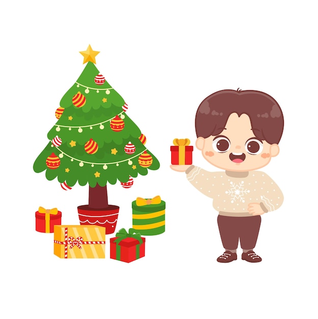 Chico lindo con regalo para dibujos animados planos de navidad