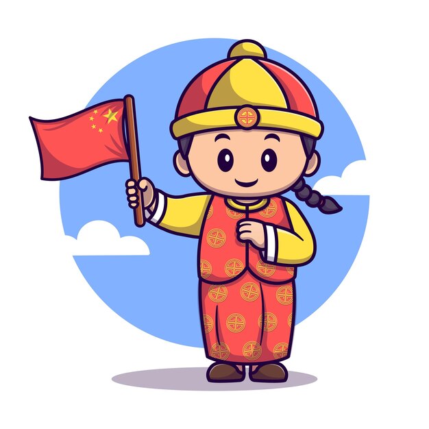 Chico lindo con ropa tradicional y sosteniendo la ilustración de icono de vector de dibujos animados de bandera china